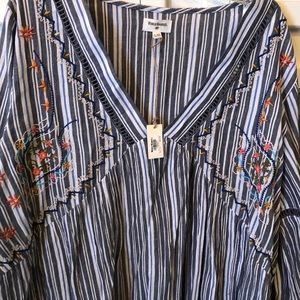 World Market Embroidered Blue Striped Tunic NWT